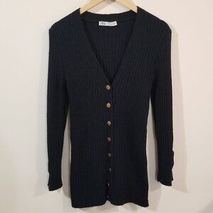 Zara Ribbed Full Button Slim V-Neck Sweater Cardigan – Navy Blue - Small